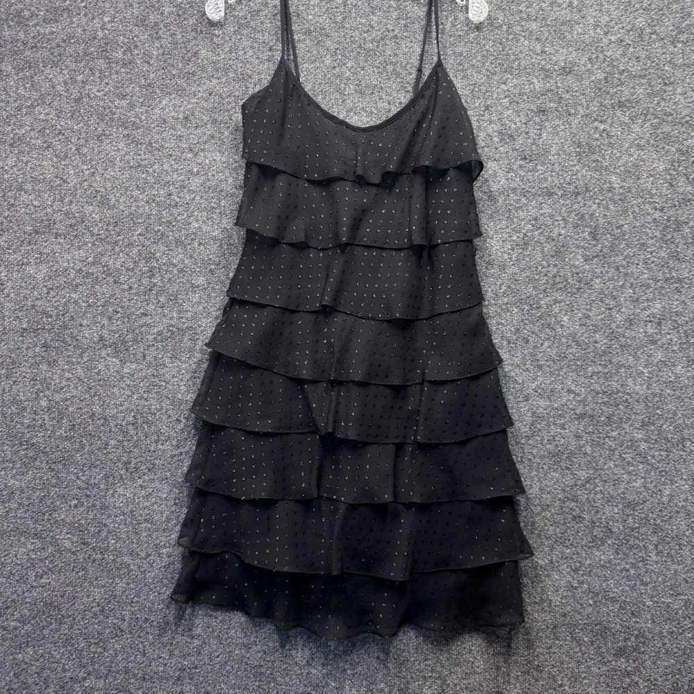 Betsey Johnson Tiered Ruffle Mini Dress Womens 8 Black Metallic Dot Y2K Party